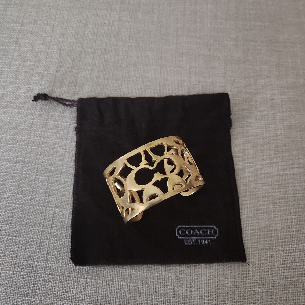 Rare Vintage Coach Gold Signature Monogram Cuff Bangle With Dust Bag - Picture 11 of 11